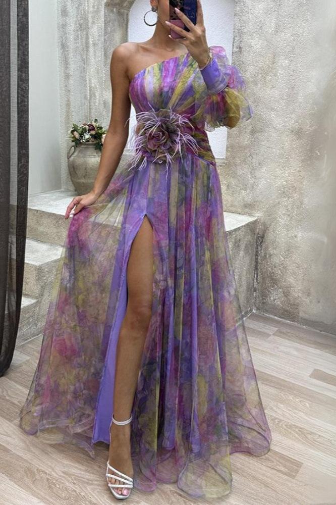 Luna - Elegancka Sukienka Maxi Asymetryczny Kwiat