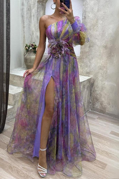 Luna - Elegancka Sukienka Maxi Asymetryczny Kwiat