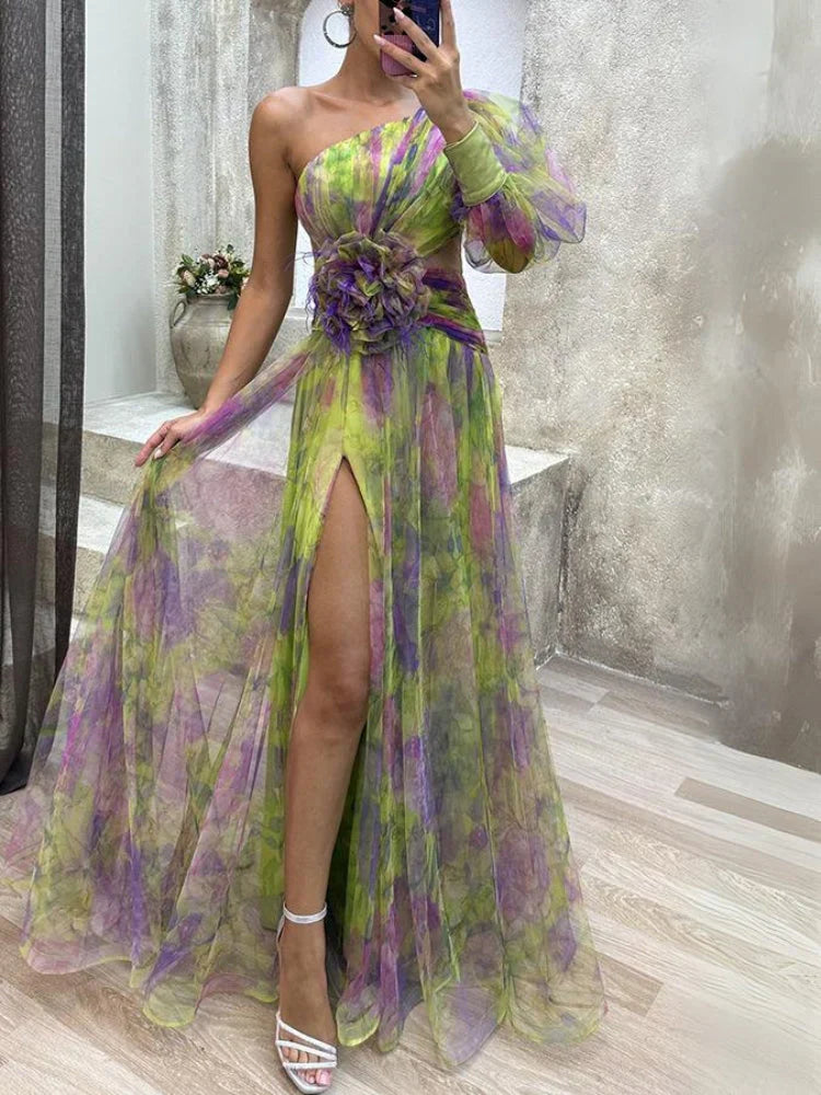 Luna - Elegancka Sukienka Maxi Asymetryczny Kwiat