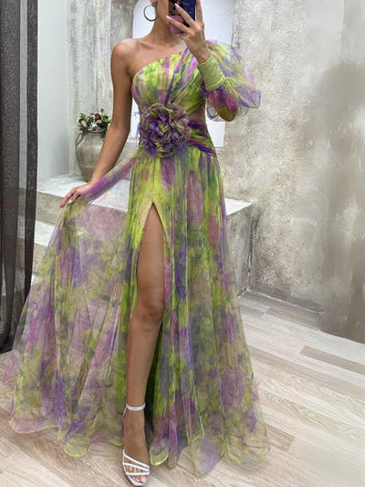 Luna - Elegancka Sukienka Maxi Asymetryczny Kwiat
