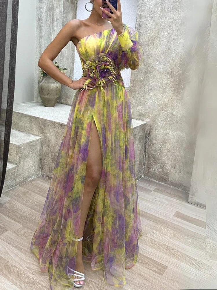 Luna - Elegancka Sukienka Maxi Asymetryczny Kwiat