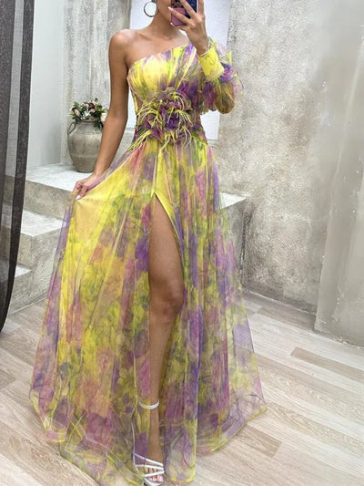 Luna - Elegancka Sukienka Maxi Asymetryczny Kwiat