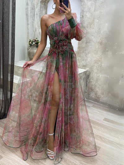 Luna - Elegancka Sukienka Maxi Asymetryczny Kwiat
